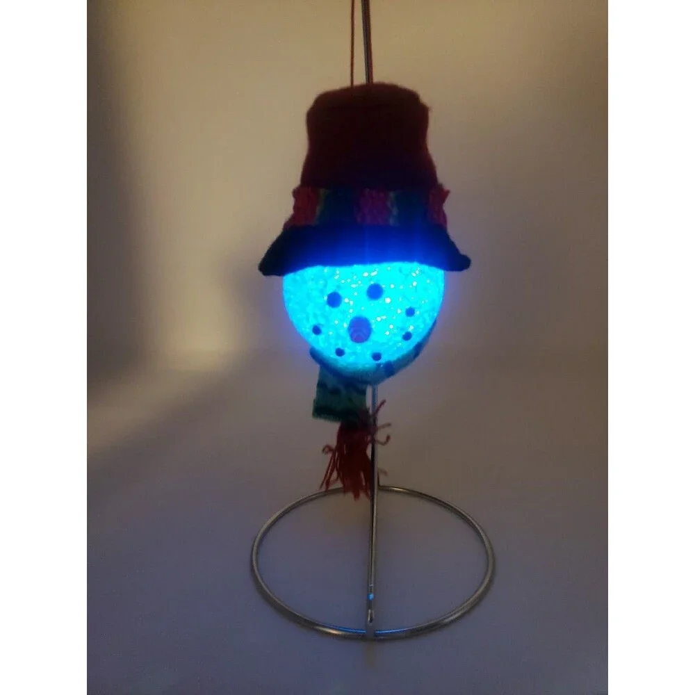 Melted Popcorn Snowman Head Ornament Light Up LED Color Changing Plastic Acrylic